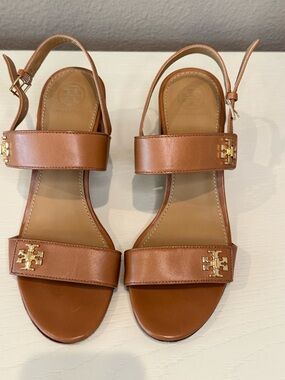 Tory Burch Cognac Leather Double-Strap Slingback Sandals with Gold Logo